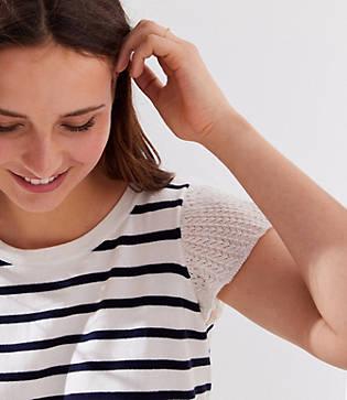 Loft Striped Pointelle Flutter Sleeve Sweater