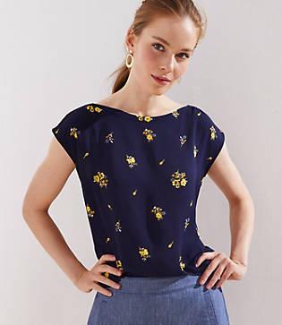 Loft Floral Mixed Media Shoulder Button Top