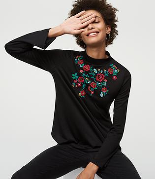 Loft Floral Embroidered Mock Neck Top