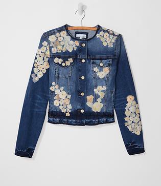 Loft Pressed Floral Collarless Denim Jacket