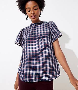 Loft Plaid Mock Neck Flutter Top
