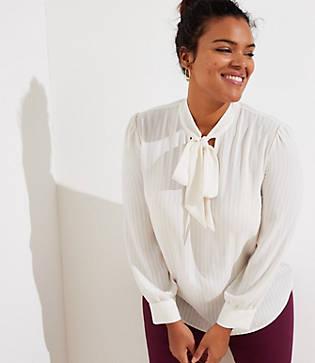 Loft Plus Textured Stripe Tie Neck Blouse