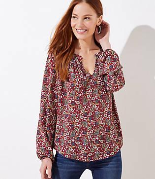 Loft Floral Shirred Keyhole Mixed Media Top