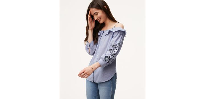 Loft Striped Floral Off The Shoulder Shirt