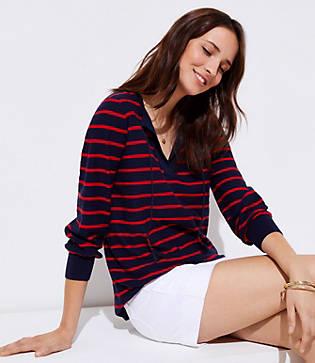 Loft Striped Tie Neck Tunic Sweater