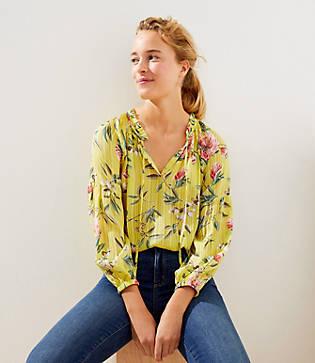 Loft Floral Pleated Tie Neck Blouse