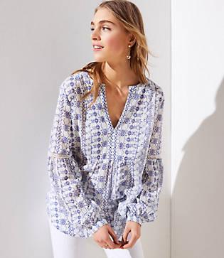 Loft Mosaic Striped Split Neck Blouse