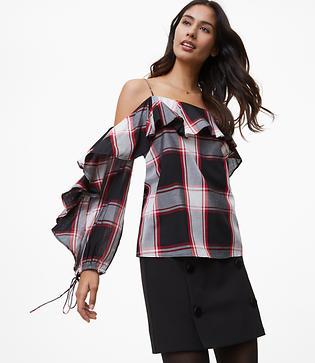 Loft Plaid Flounce Off The Shoulder Top