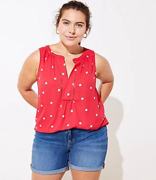 Loft Plus Polka Dot Mixed Media Split Neck Shell