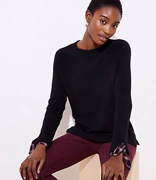 Loft Plaid Tie Cuff Mixed Media Sweater