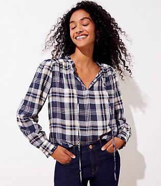 Loft Plaid Shirred Tie Neck Blouse