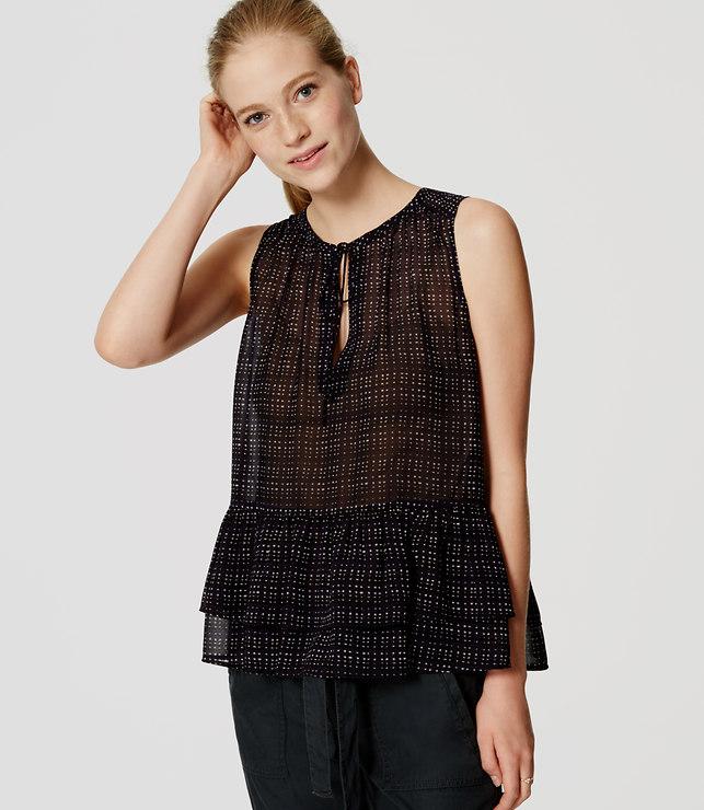 Loft Dot Plaid Tie Neck Peplum Shell