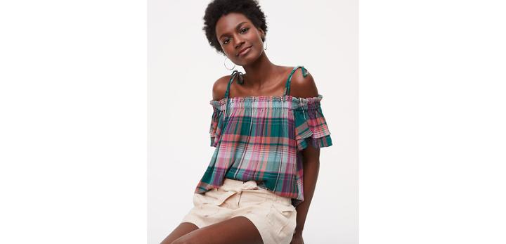 Loft Plaid Tie Off The Shoulder Top