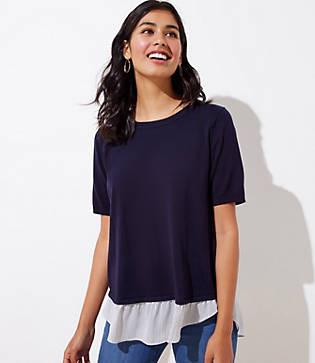 Loft Striped Crossover Back Mixed Media Sweater Tee