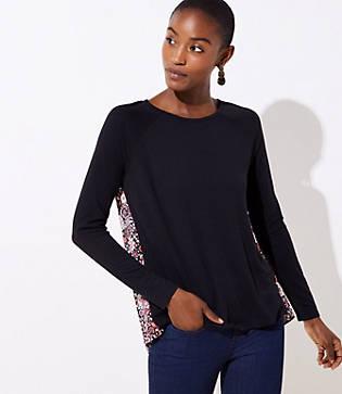 Loft Floral Pleat Back Mixed Media Top