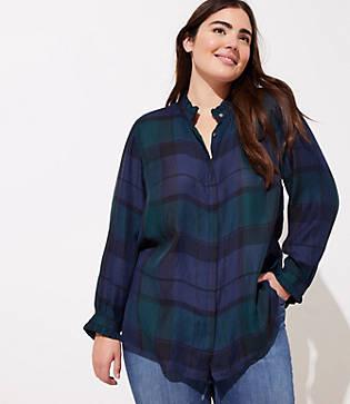 Loft Plus Plaid Ruffle Collar Utility Blouse