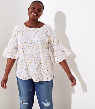 Loft Plus Floral Perforated Lacy Mixed Media Top