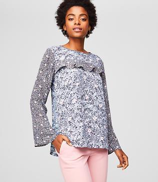 Loft Floral Ruffle Mixed Media Blouse