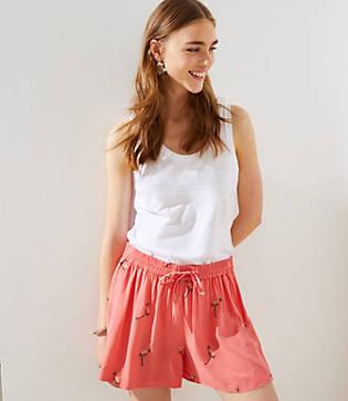 Loft Embroidered Flamingo Fluid Drawstring Shorts