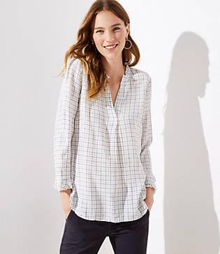 Loft Plaid Ruffle Split Neck Blouse