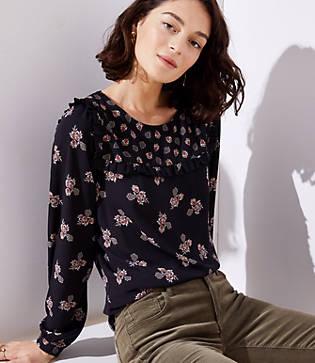 Loft Mixed Floral Ruffle Yoke Blouse