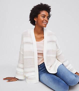 Loft Fringe Pointelle Striped Cardigan