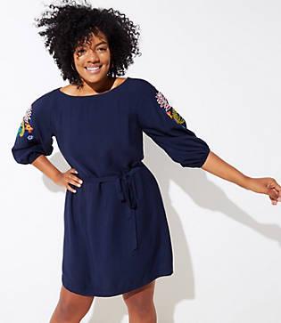 Loft Plus Embroidered Floral Tie Waist Dress
