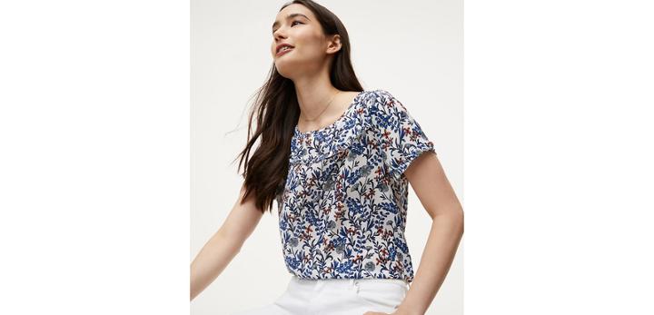 Loft Field Floral Ruffle Trim Mixed Media Top