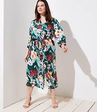 Loft Plus Tropical Tie Waist Midi Shirtdress