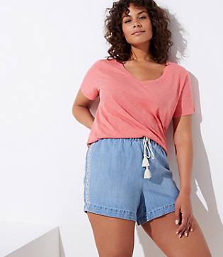 Loft Plus Embroidered Cotton Linen Denim Drawstring Shorts