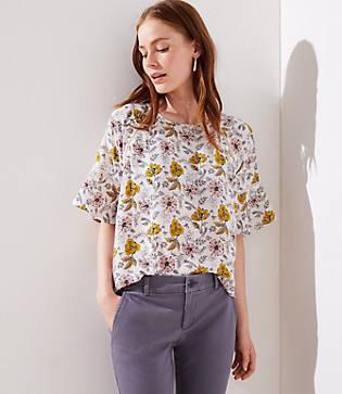 Loft Floral Cutout Flounce Mixed Media Top
