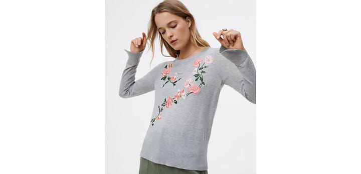 Loft Floral Embroidered Slit Cuff Sweater