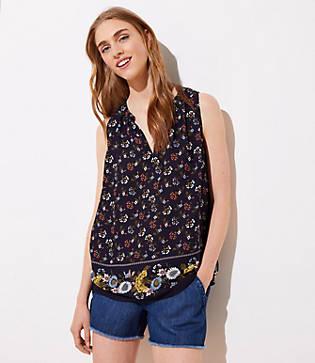 Loft Mixed Floral Shirred Split Neck Shell
