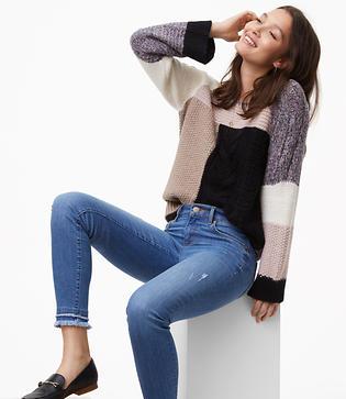 Loft Modern Double Frayed Skinny Jeans In Staple Mid Indigo Wash