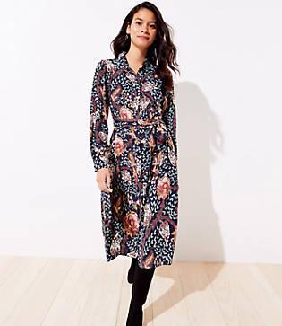 Loft Floral Tie Waist Midi Shirtdress