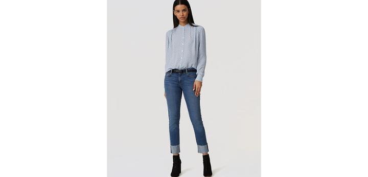 Loft Modern Frayed Cuff Straight Leg Jeans In Medium Blue Wash