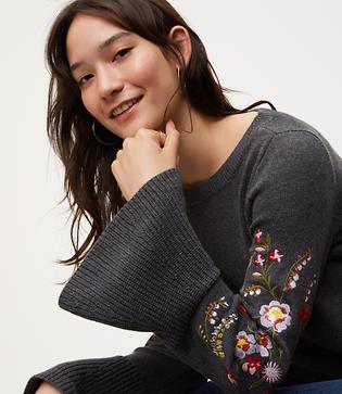 Loft Floral Embroidered Bell Sleeve Sweater
