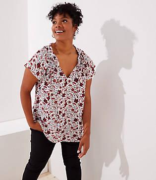 Loft Plus Vine Ruffle Tie Neck Top
