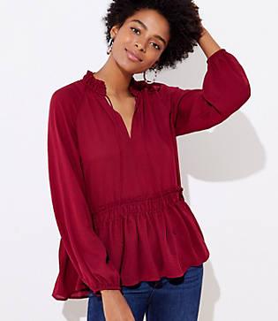 Loft Smocked Tie Neck Flounce Top