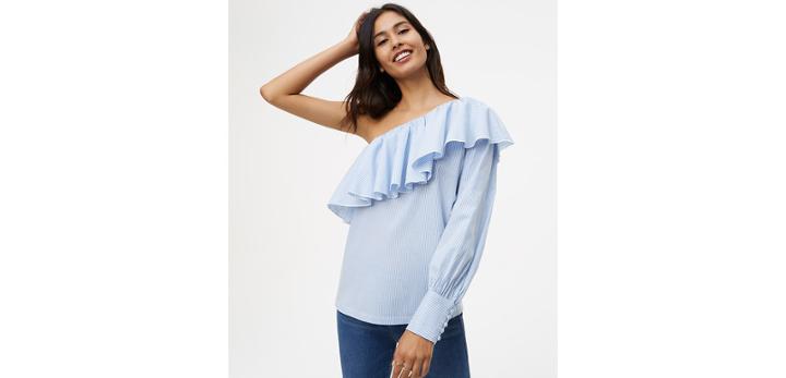 Loft Striped Ruffle One Shoulder Shirt