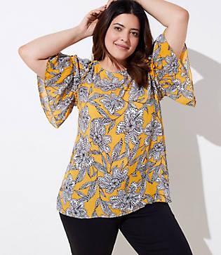 Loft Plus Abstract Floral Tiered Ruffle Sleeve Top
