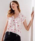 Loft Floral Stripe Ruffle Tie Neck Top