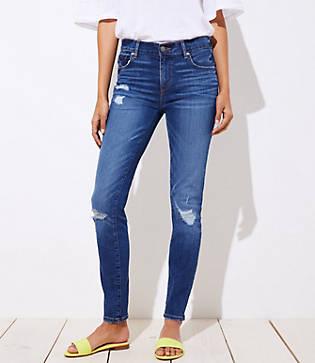 Loft Curvy Distressed Skinny Jeans In Mid Indigo Wash