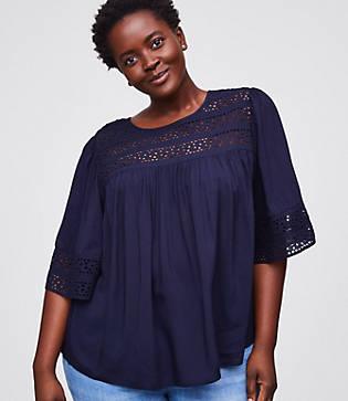 Loft Plus Eyelet Trim Mixed Media Top