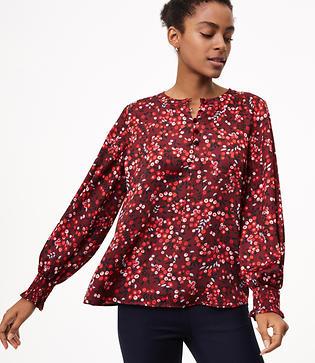 Loft Berry Velvet Button Smocked Cuff Blouse