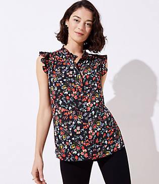 Loft Winter Floral Ruffle Henley Shell