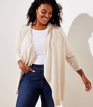 Loft Plus Striped Hoodie Open Cardigan