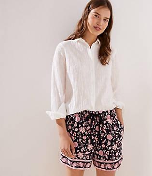 Loft Border Floral Fluid Drawstring Shorts With 6 Inch Inseam
