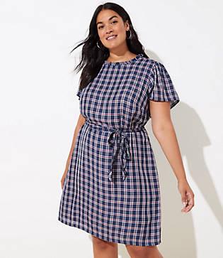 Loft Plus Plaid Ruffle Neck Tie Waist Dress