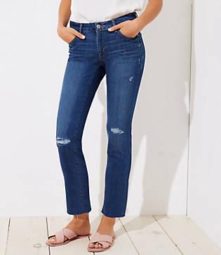 Loft Curvy Distressed Straight Leg Jeans In Mid Indigo Wash